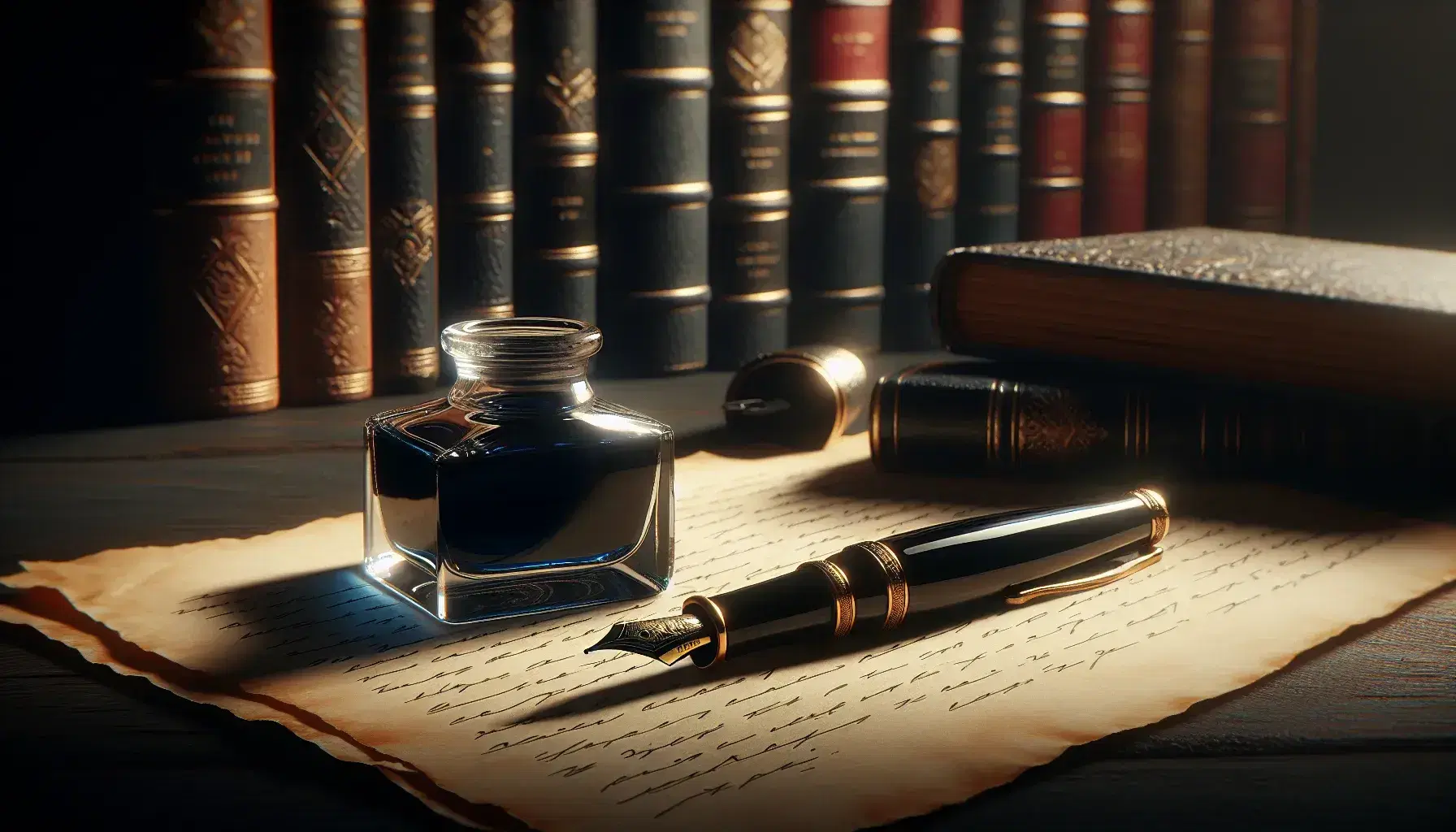 Penna stilografica vintage nera con dettagli dorati su carta ingiallita accanto a calamaio di vetro con inchiostro blu, sfondo di libreria in legno.