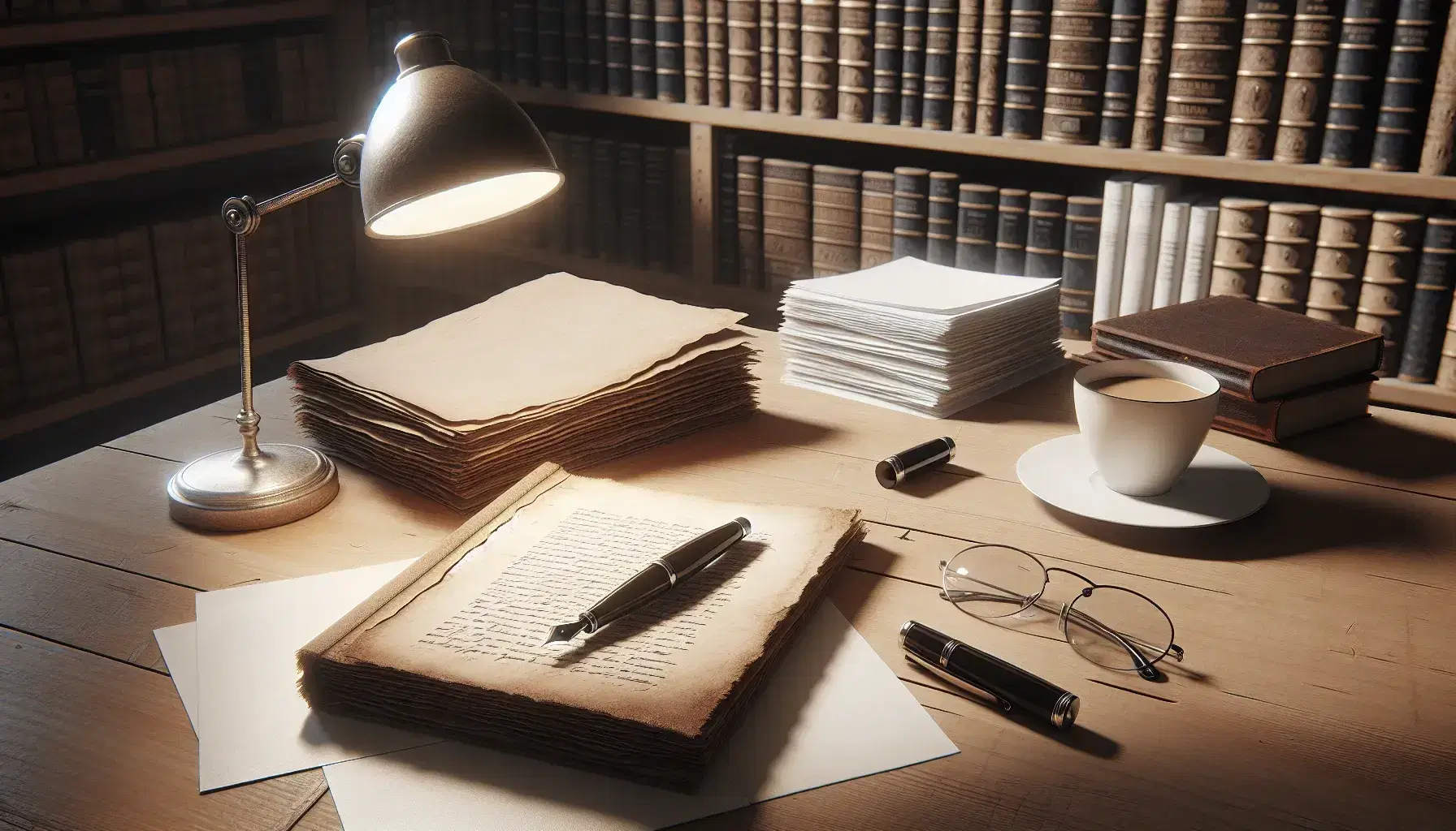 Scrivania in legno chiaro con manoscritto rilegato, penna stilografica nera, occhiali, fogli A4, tazza di caffè fumante e libreria sfocata sullo sfondo.