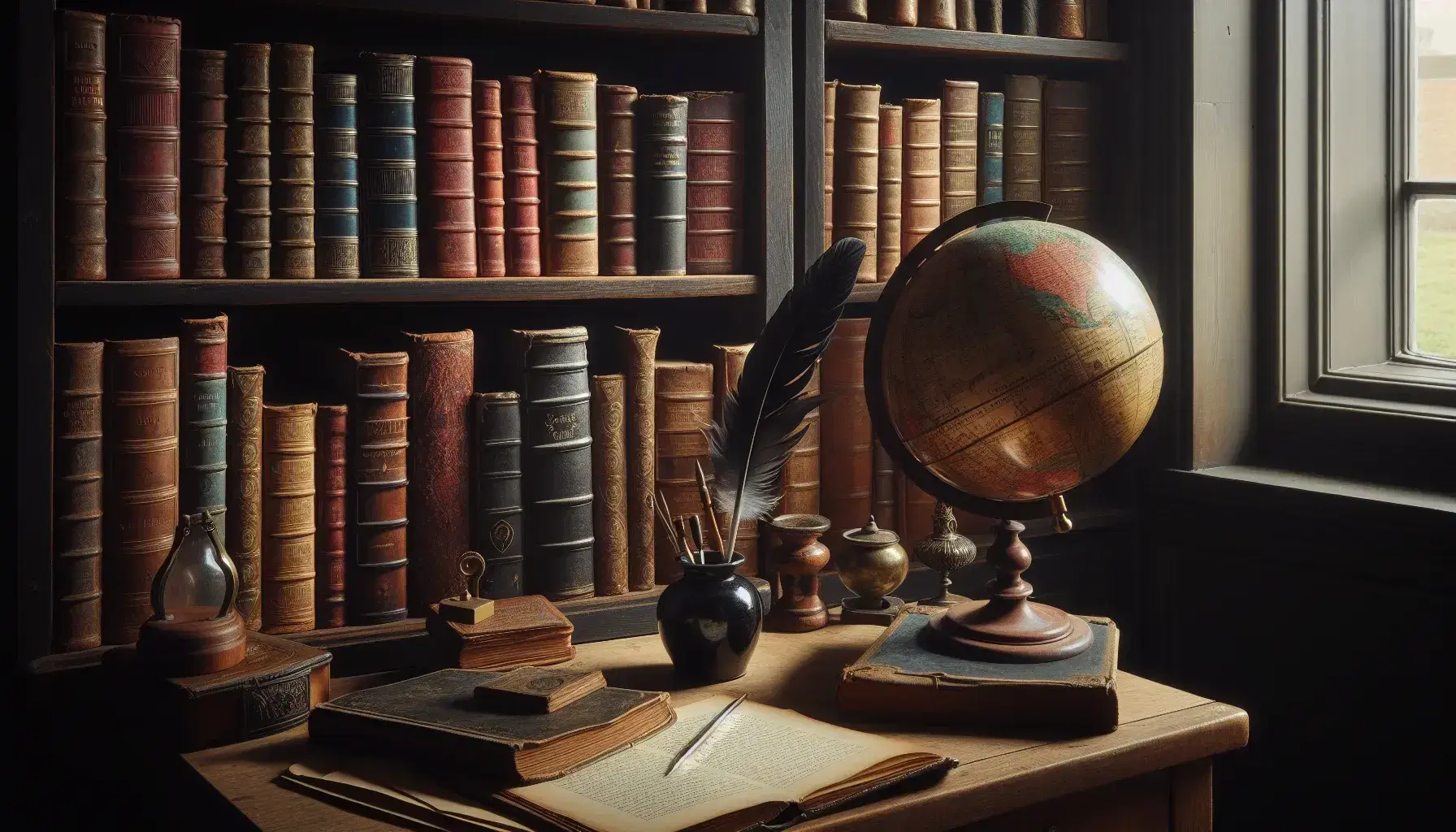 Estantería de madera oscura con libros antiguos y mesa con globo terráqueo antiguo, pluma de ave y tintero de cerámica bajo luz natural.