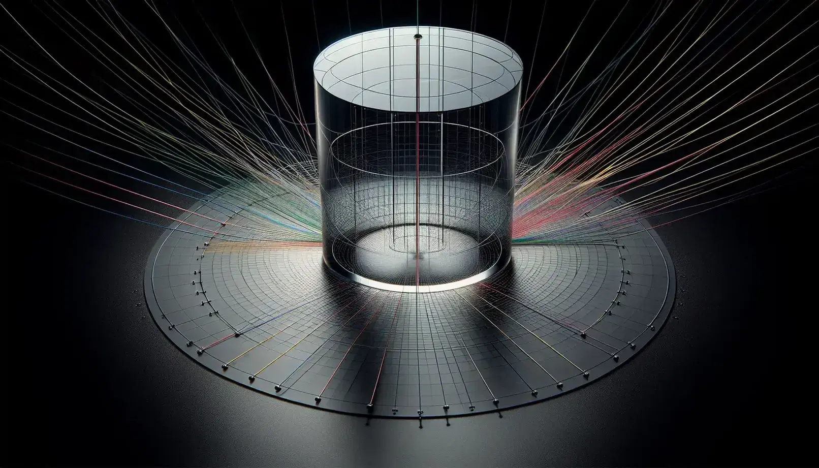 Transparent acrylic cylinder on a matte black surface with colorful strings outlining a cylindrical coordinate system, under soft lighting.