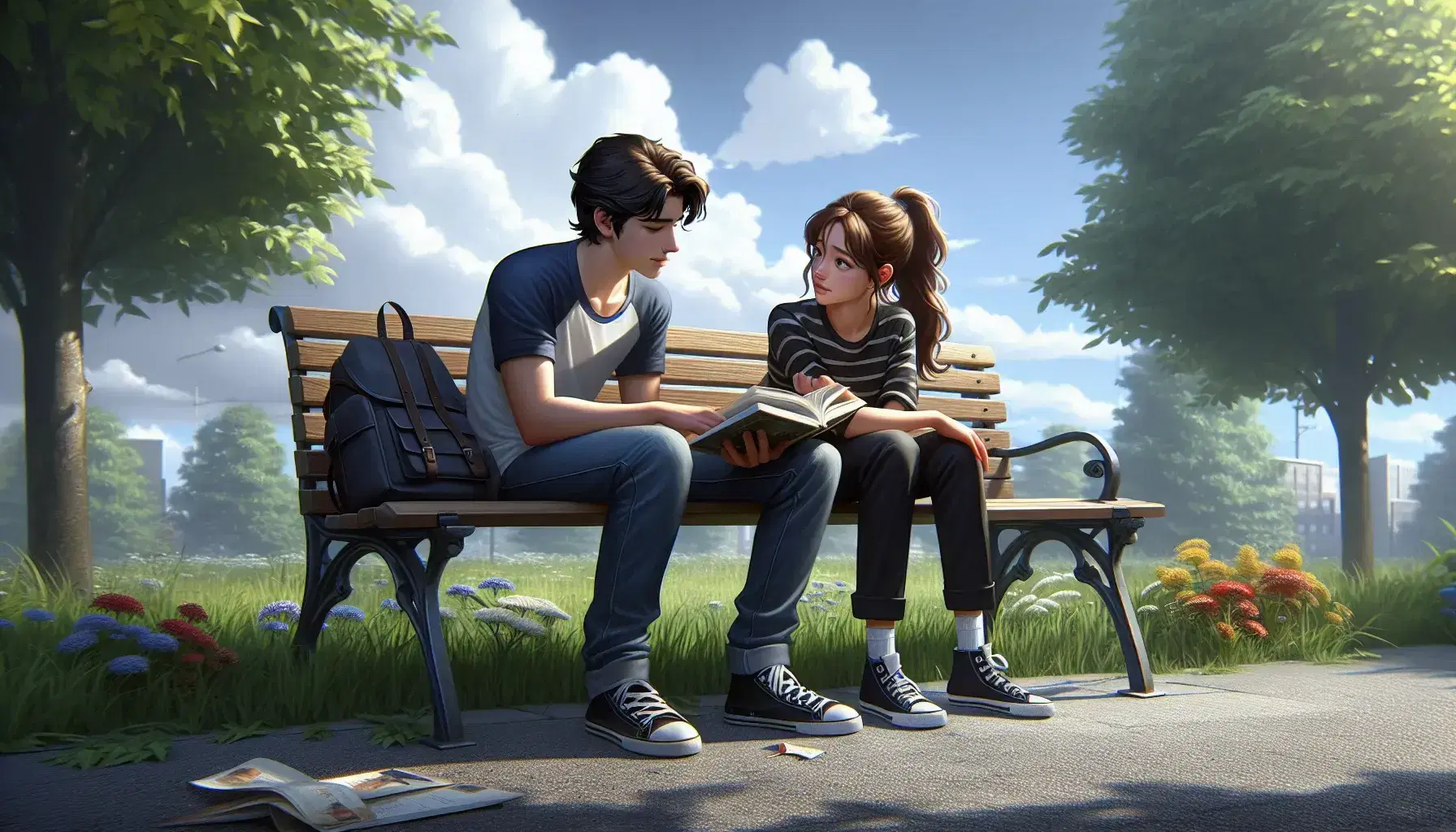 Due adolescenti su una panchina in parco cittadino discutono un libro, con alberi verdi e cielo parzialmente nuvoloso sullo sfondo.