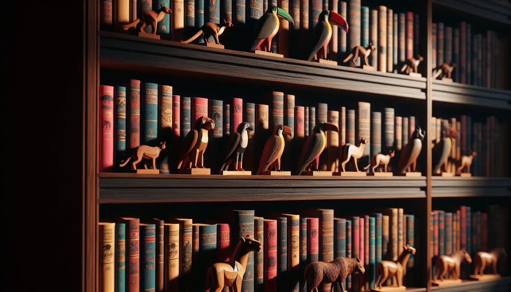 Estante de madera oscura lleno de libros de colores variados y figuras talladas de animales latinoamericanos, bajo una luz cálida que resalta texturas.