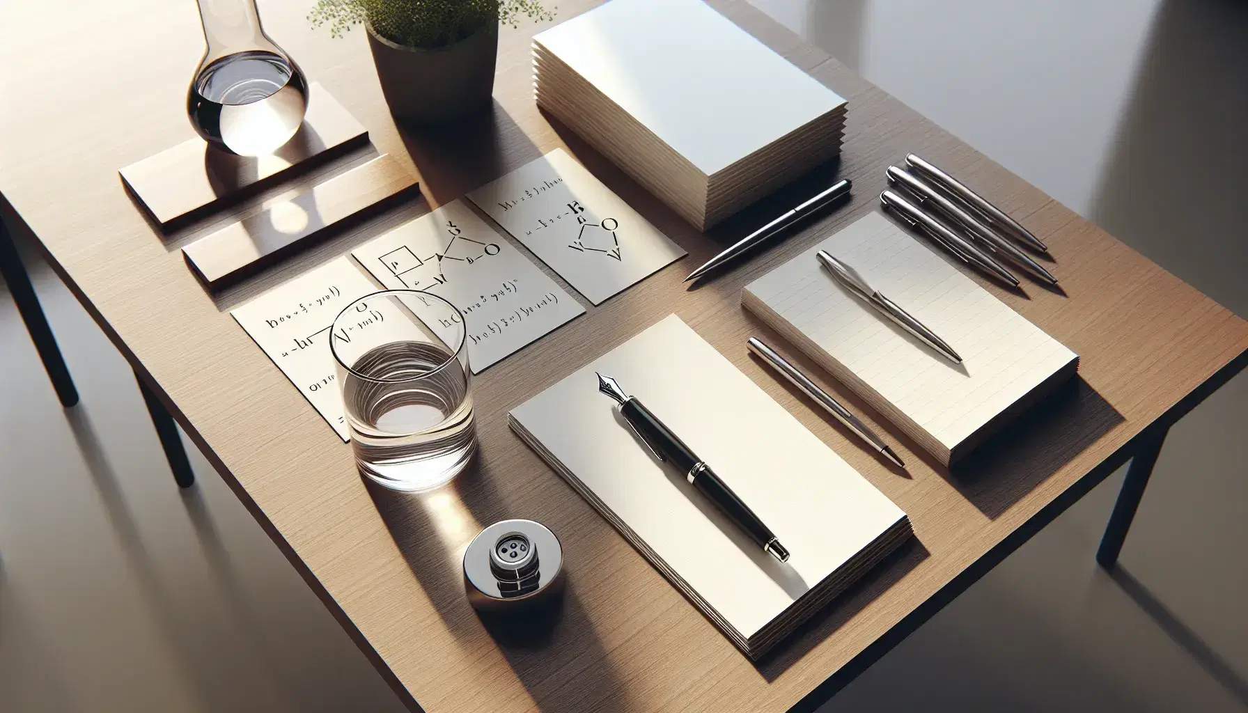 Wooden desk organized with black fountain pen, deck of index cards, beaker with water, green plant, clock and glasses.