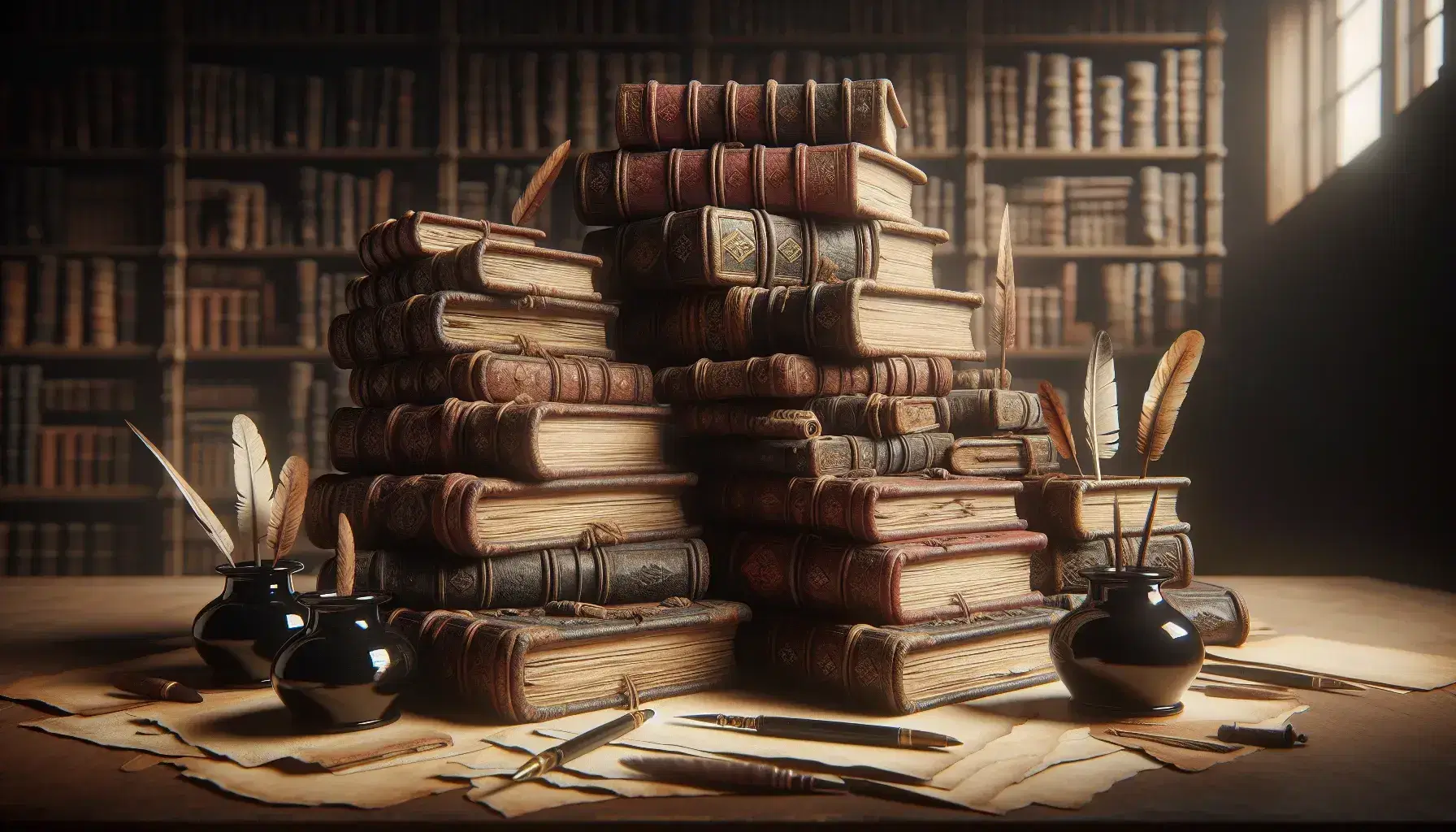 Libri antichi impilati con copertine in cuoio, penne d'oca e calamaio nero su sfondo sfocato di biblioteca storica.