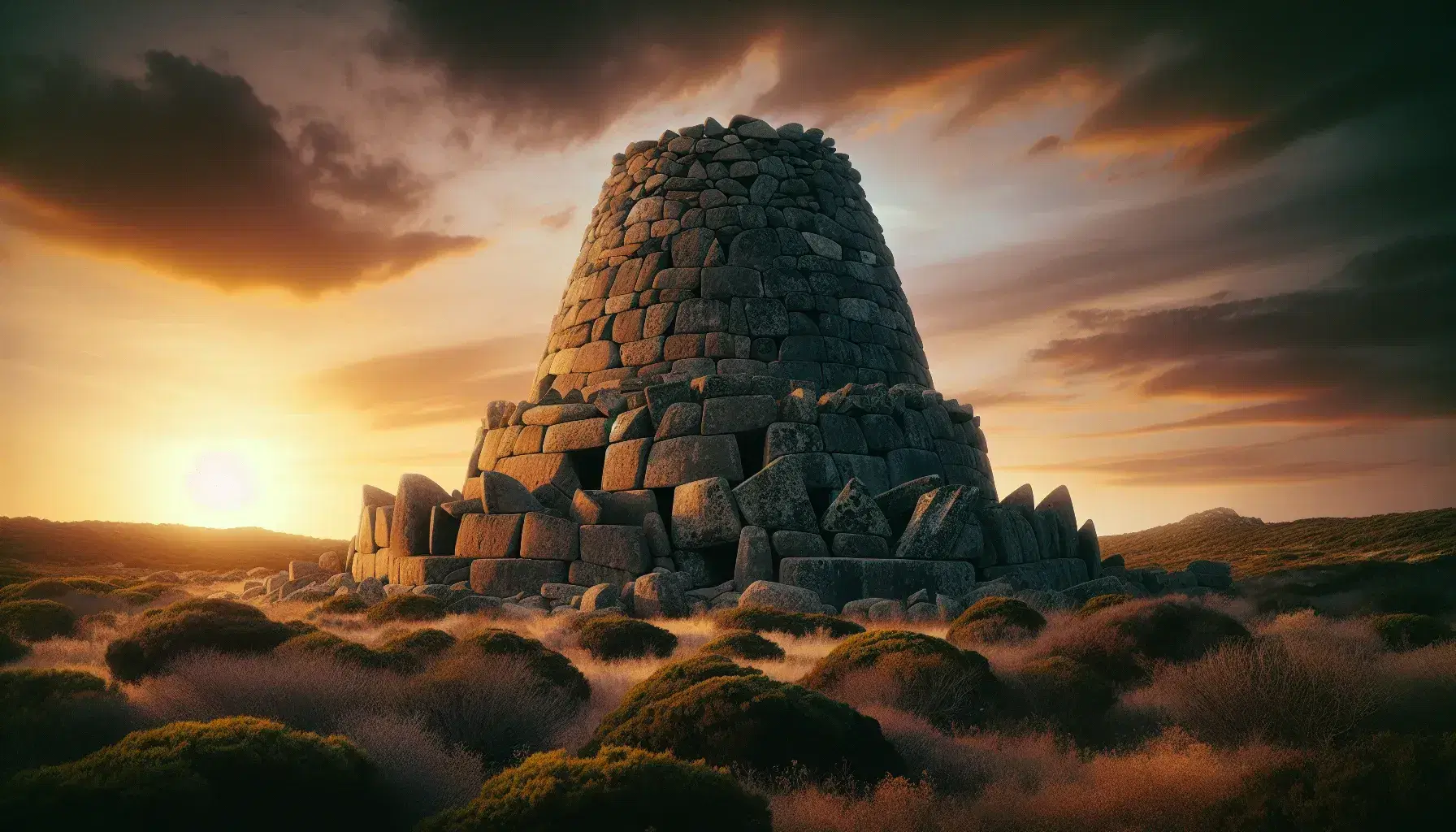 Nuraghe sardo in pietra basaltica al tramonto con cielo sfumato giallo-arancio e vegetazione mediterranea in primo piano.