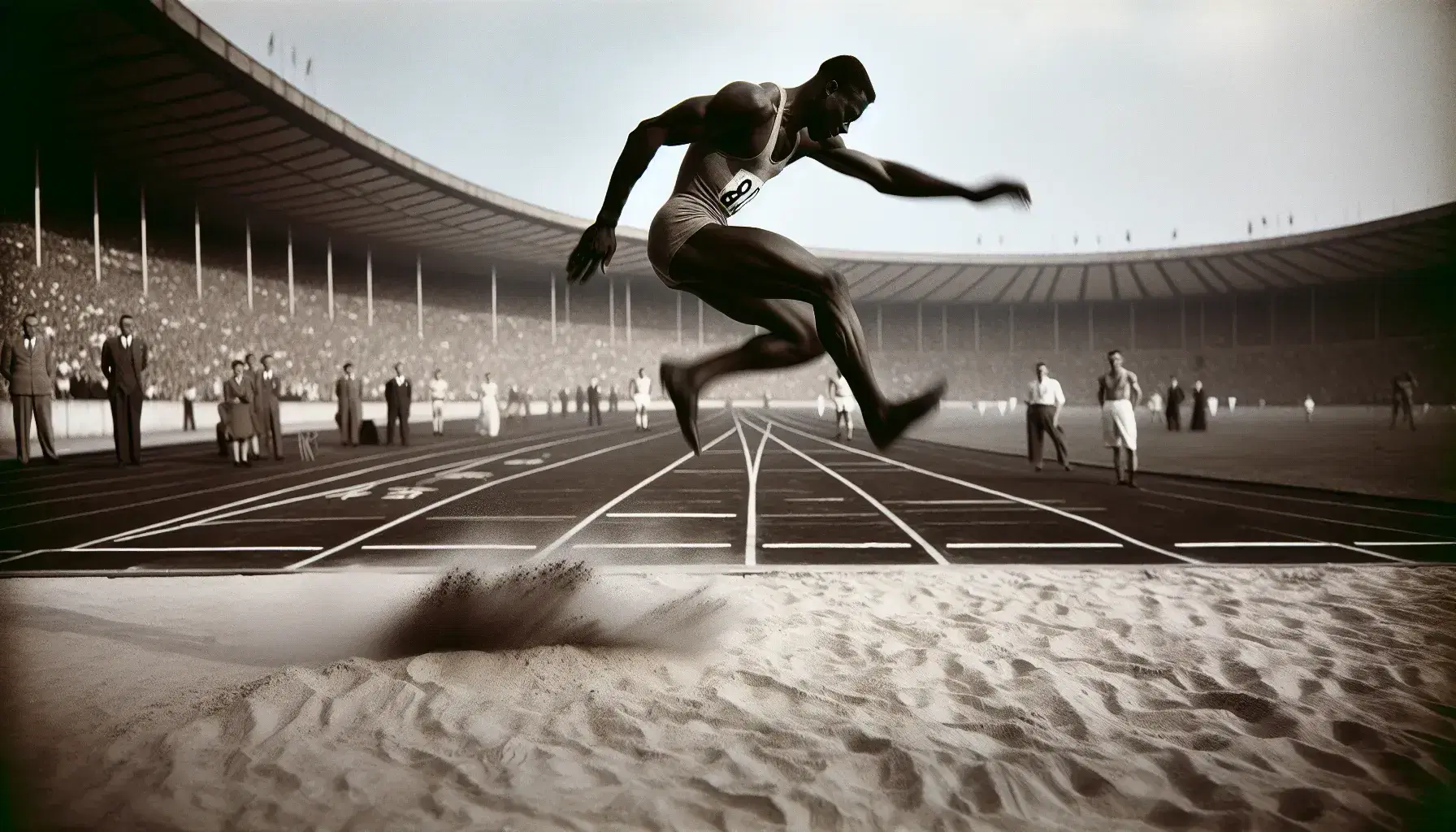 Atleta afroamericano in fase di atterraggio durante salto in lungo alle Olimpiadi di Berlino 1936, con pubblico sfocato sullo sfondo.