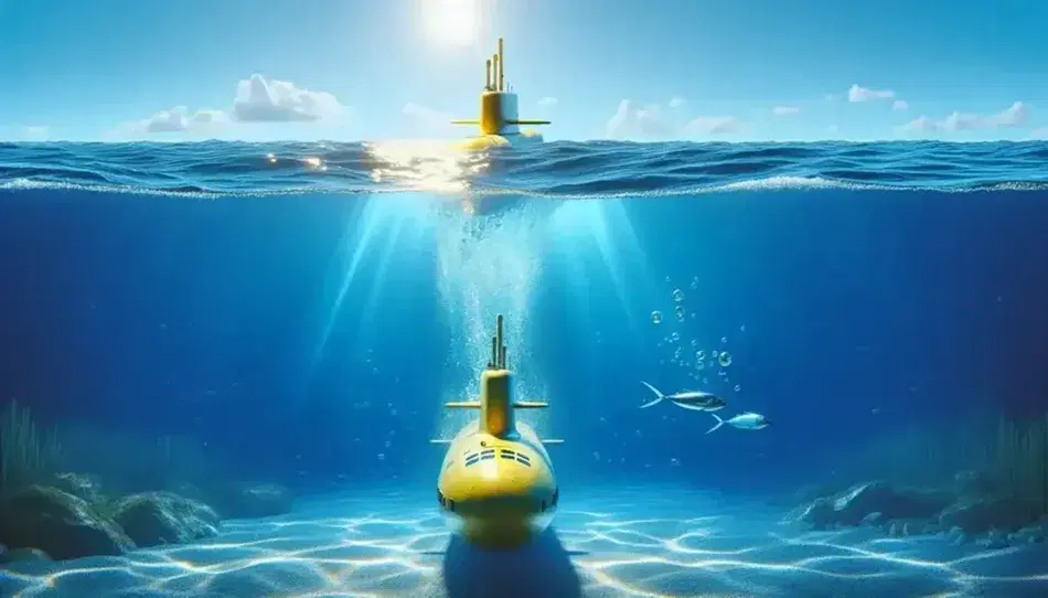 Sottomarino giallo emerge in acque blu scure con bolle d'aria, riflesso del sole sulla superficie e pesce argenteo vicino.