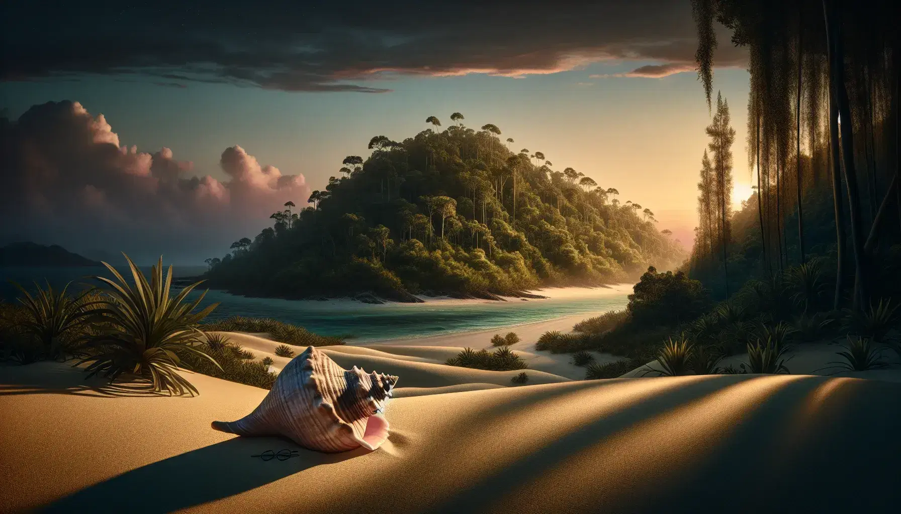 Deserted island at twilight with golden sand, a conch shell, cracked glasses, dense forest backdrop, and a gradient sky reflecting on a calm ocean.