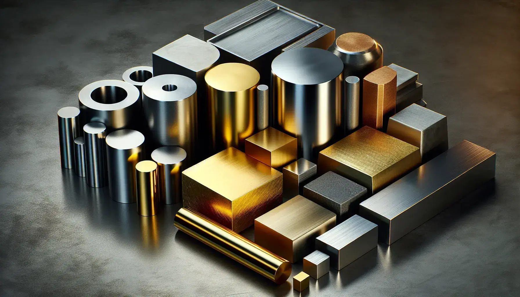 Sample of polished stainless steel, gilt bronze, yellow brass rod, block of duralumin and cupronickel on dark surface.