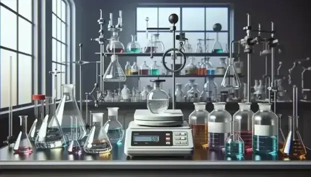 Laboratorio de química con balanza analítica, matraz Erlenmeyer en pinza universal, quemador Bunsen y estantes con frascos de reactivos de colores variados.