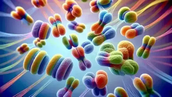 Colorful homologous chromosomes in metaphase of meiosis with spindle fibers extending towards centromeres, highlighting genetic diversity.