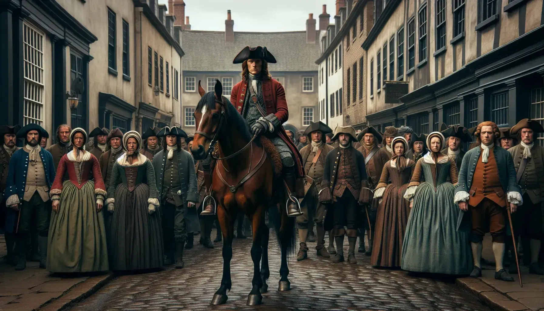 Late 17th-century street scene with diverse people in period attire, a man on a chestnut horse gesturing, and a carriage pulled by black horses.