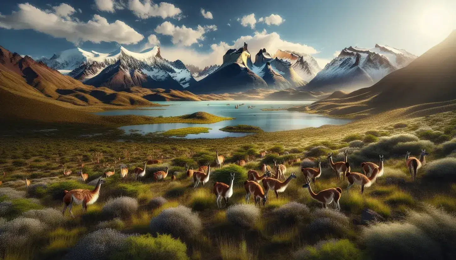 Paisaje natural argentino con guanacos pastando, montañas nevadas al fondo, lago cristalino y cielo azul con nubes.