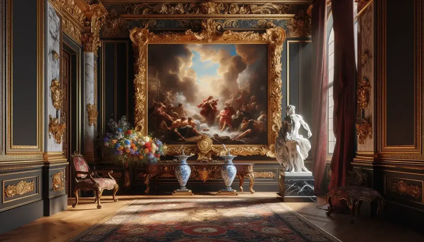 Interior barroco con cuadro al óleo enmarcado en oro, escultura de mármol blanco, mesa con jarrón de flores y fresco en el techo.