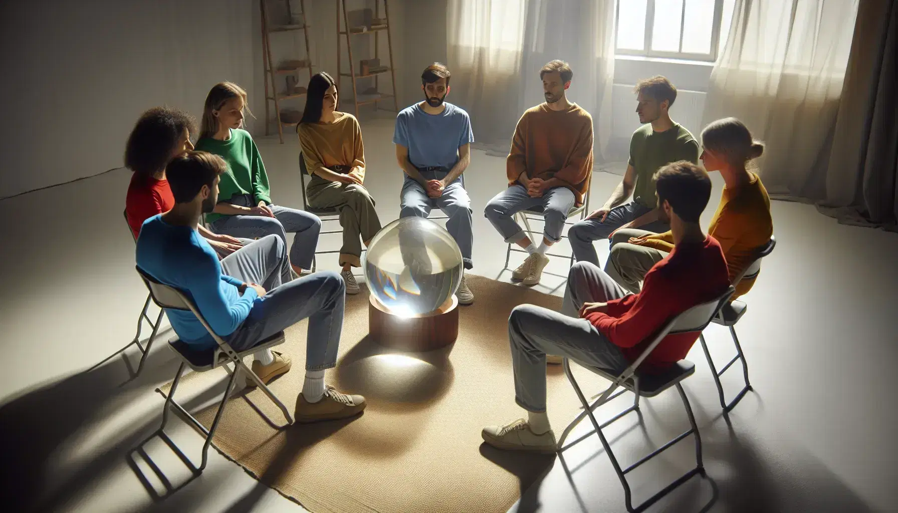 Gruppo di cinque persone sedute in cerchio su sedie pieghevoli, con una sfera di vetro al centro, in ambiente luminoso e neutro.