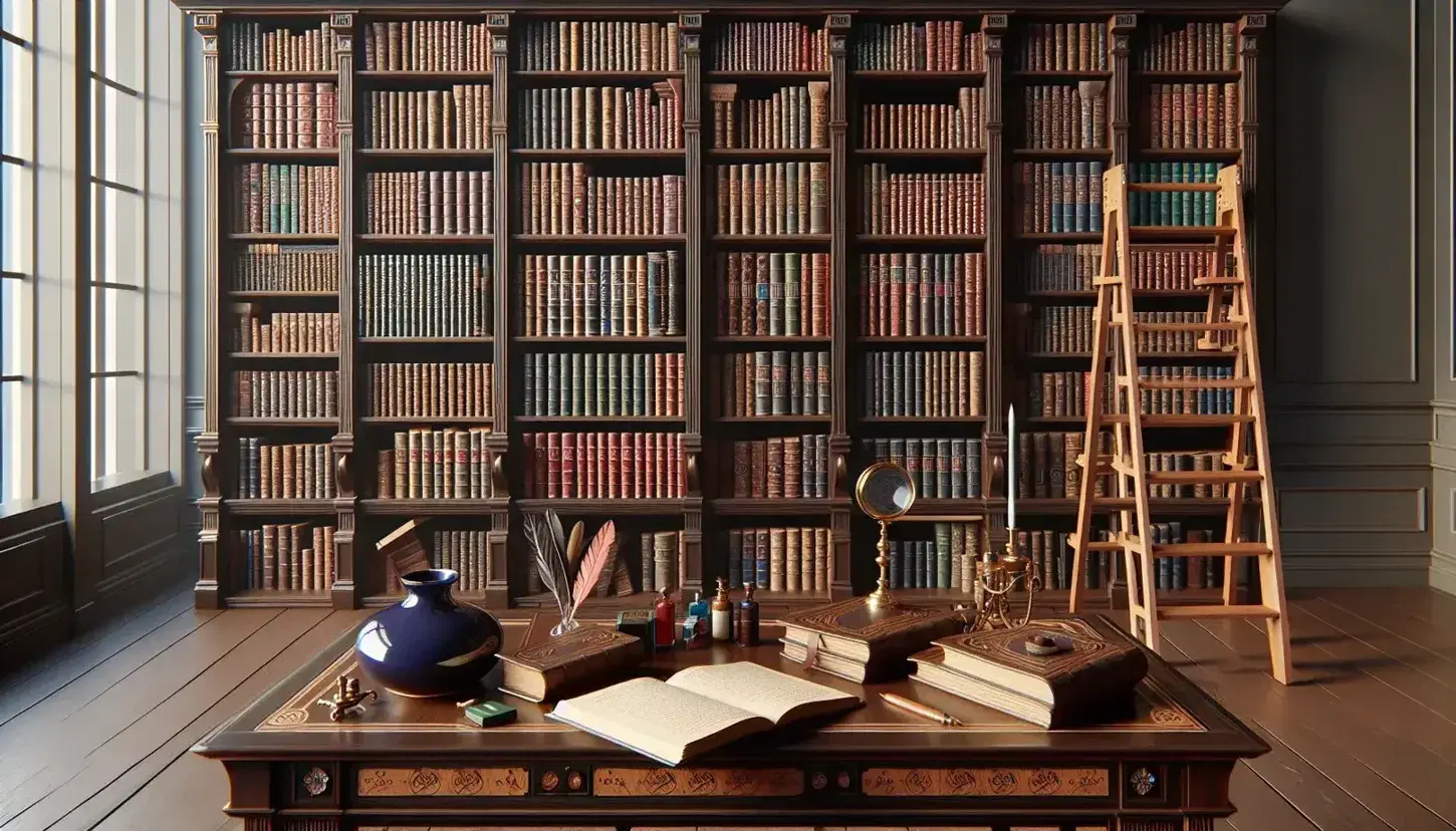 Biblioteca antica con libreria in legno scuro piena di libri rilegati, scala con ruote, tavolo da studio con lente d'ingrandimento, calamaio e pergamene.