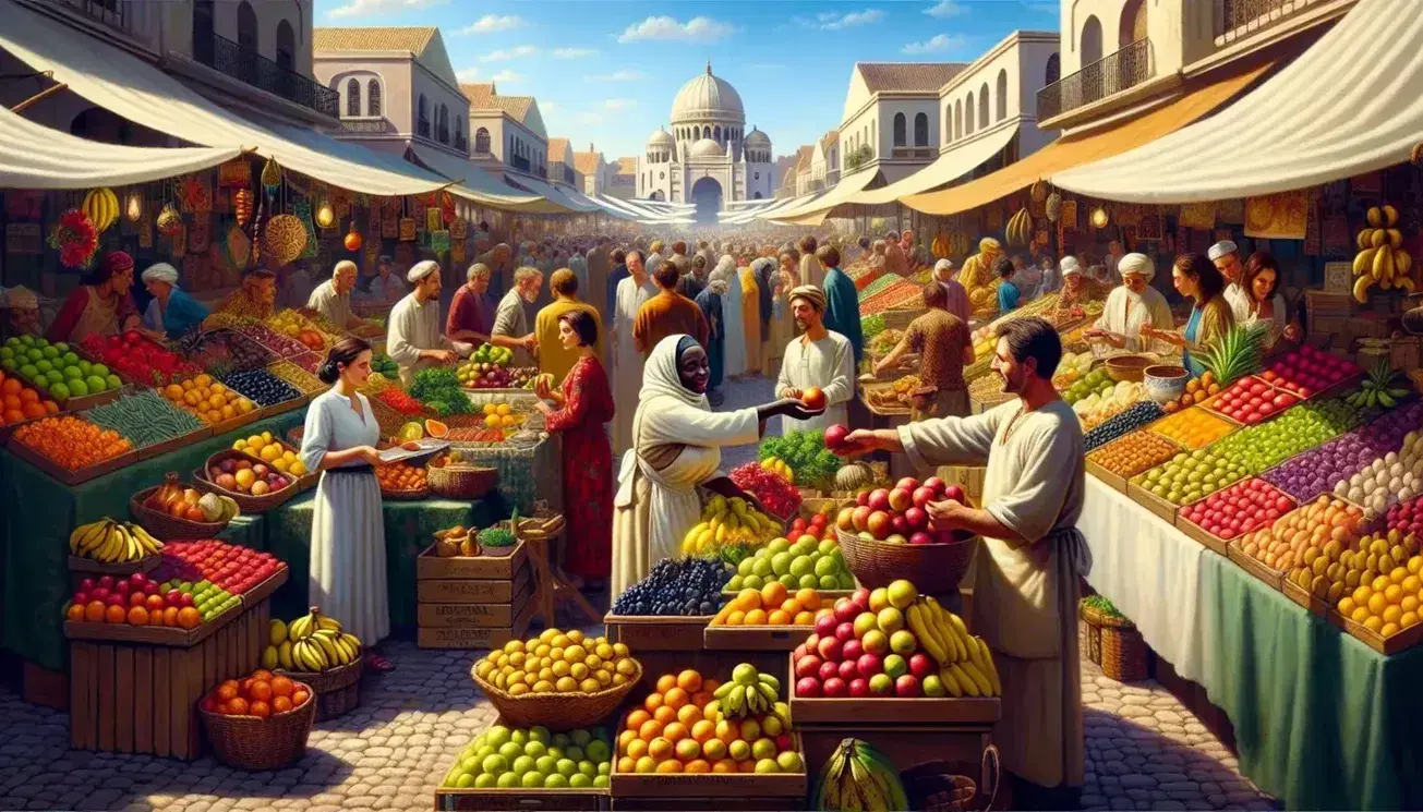 Bustling outdoor market with diverse vendors and shoppers, featuring a fruit stand with an African woman offering fruit to a customer.