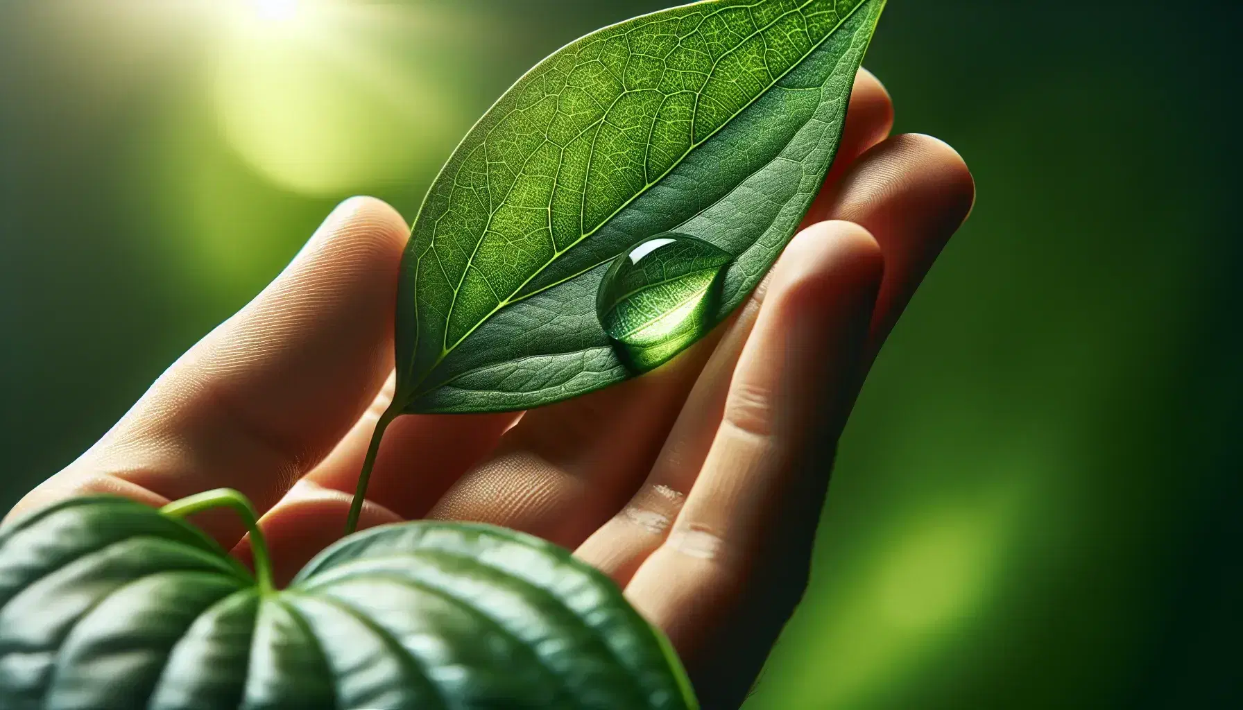 Human hand gently touching a vibrant green leaf with a water droplet, against a soft-focus natural green background.