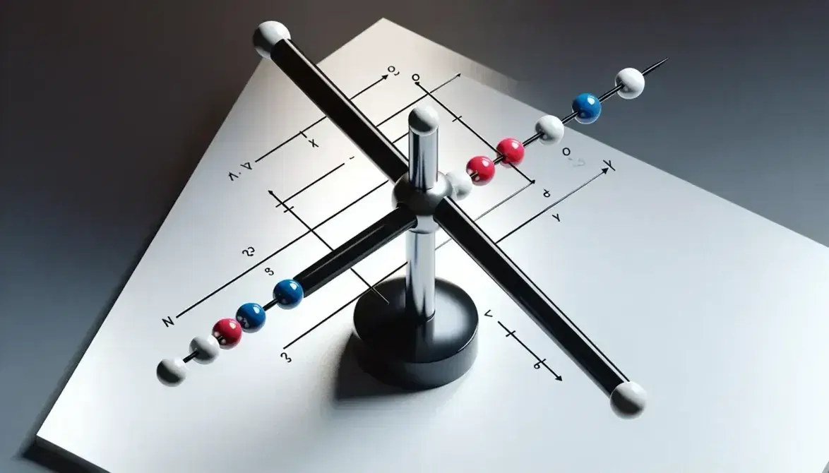 Three-dimensional Cartesian coordinate system model with black x-axis, white y-axis, red and blue beads for points, and a gold circular hoop in the background.