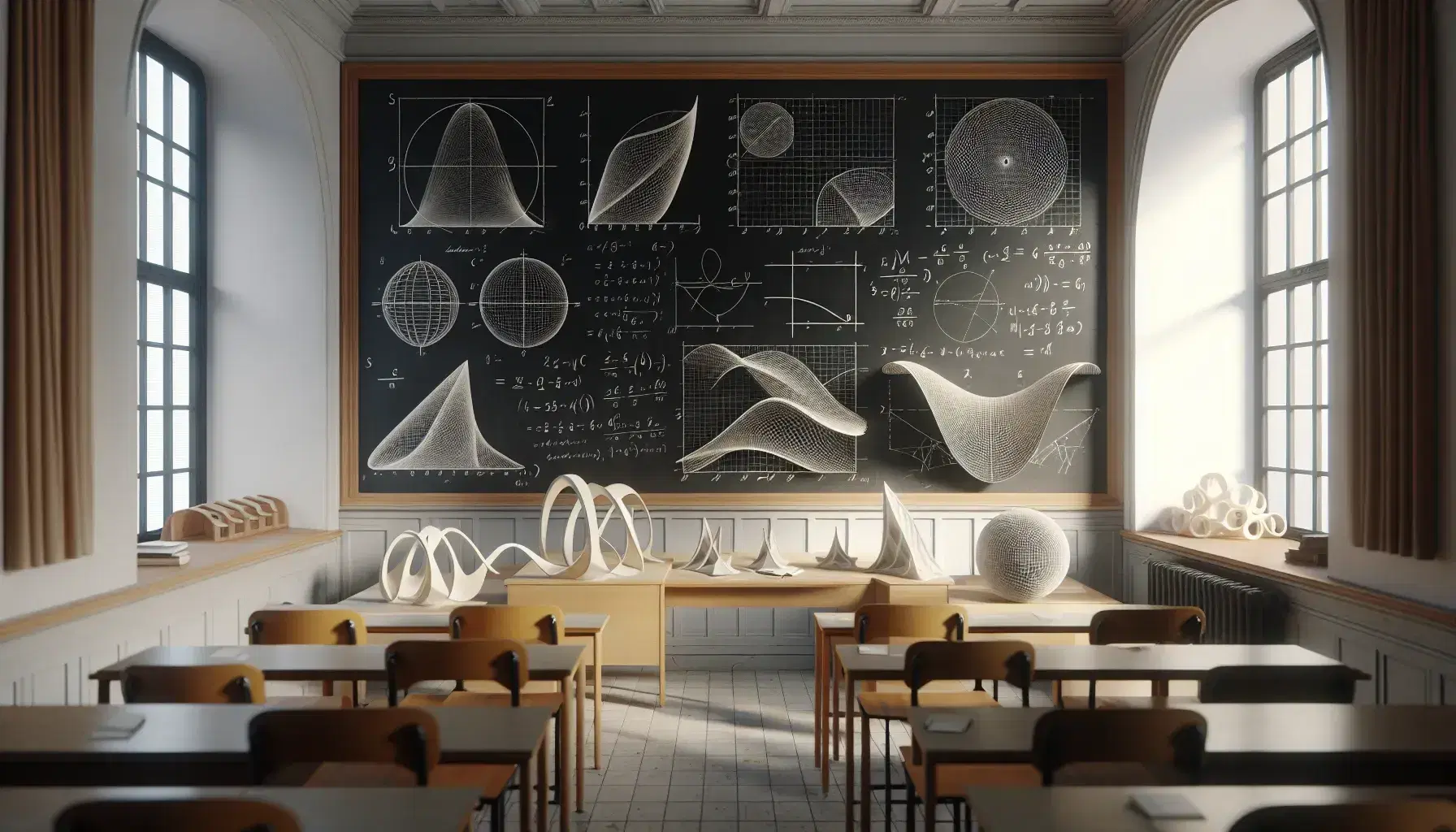Aula universitaria di matematica con lavagna nera con grafici geometrici, modelli 3D di superfici matematiche e studenti concentrati.