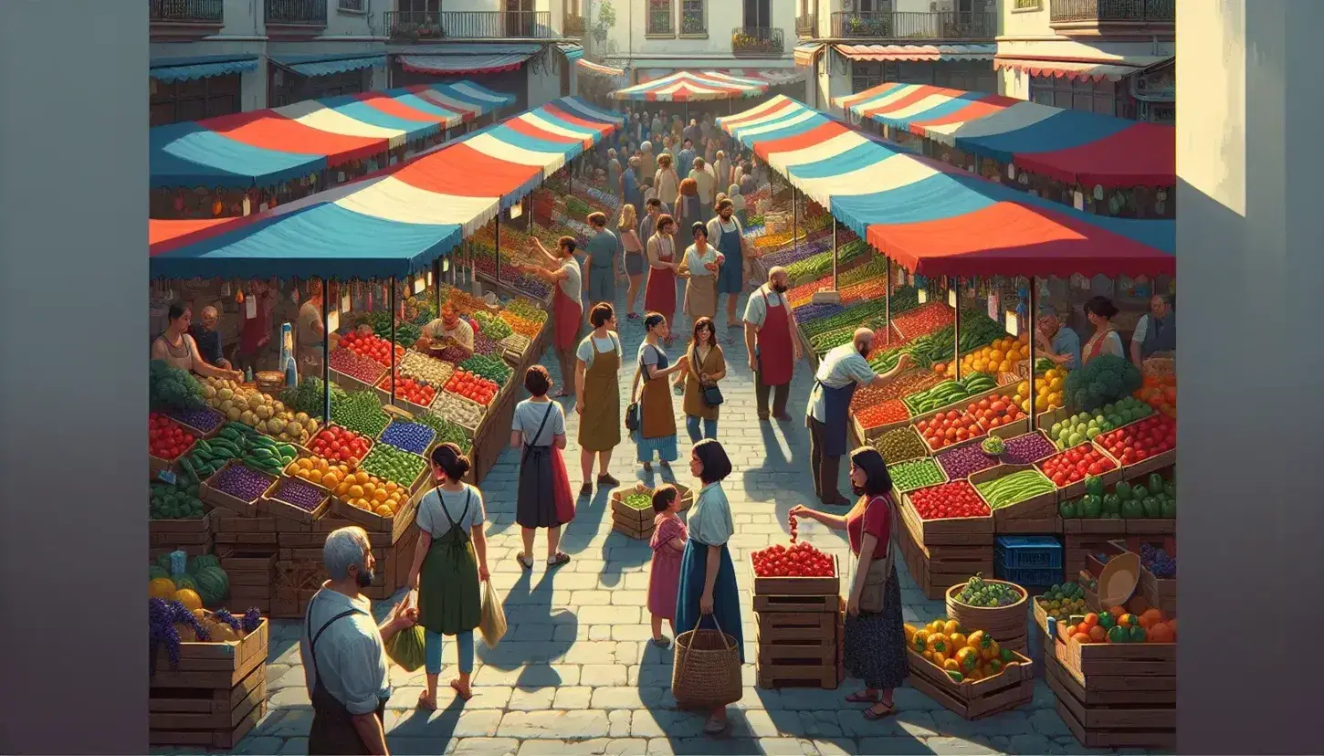 Mercado al aire libre con puestos de frutas y verduras frescas, vendedores atendiendo a clientes diversos y personas paseando en un día soleado.