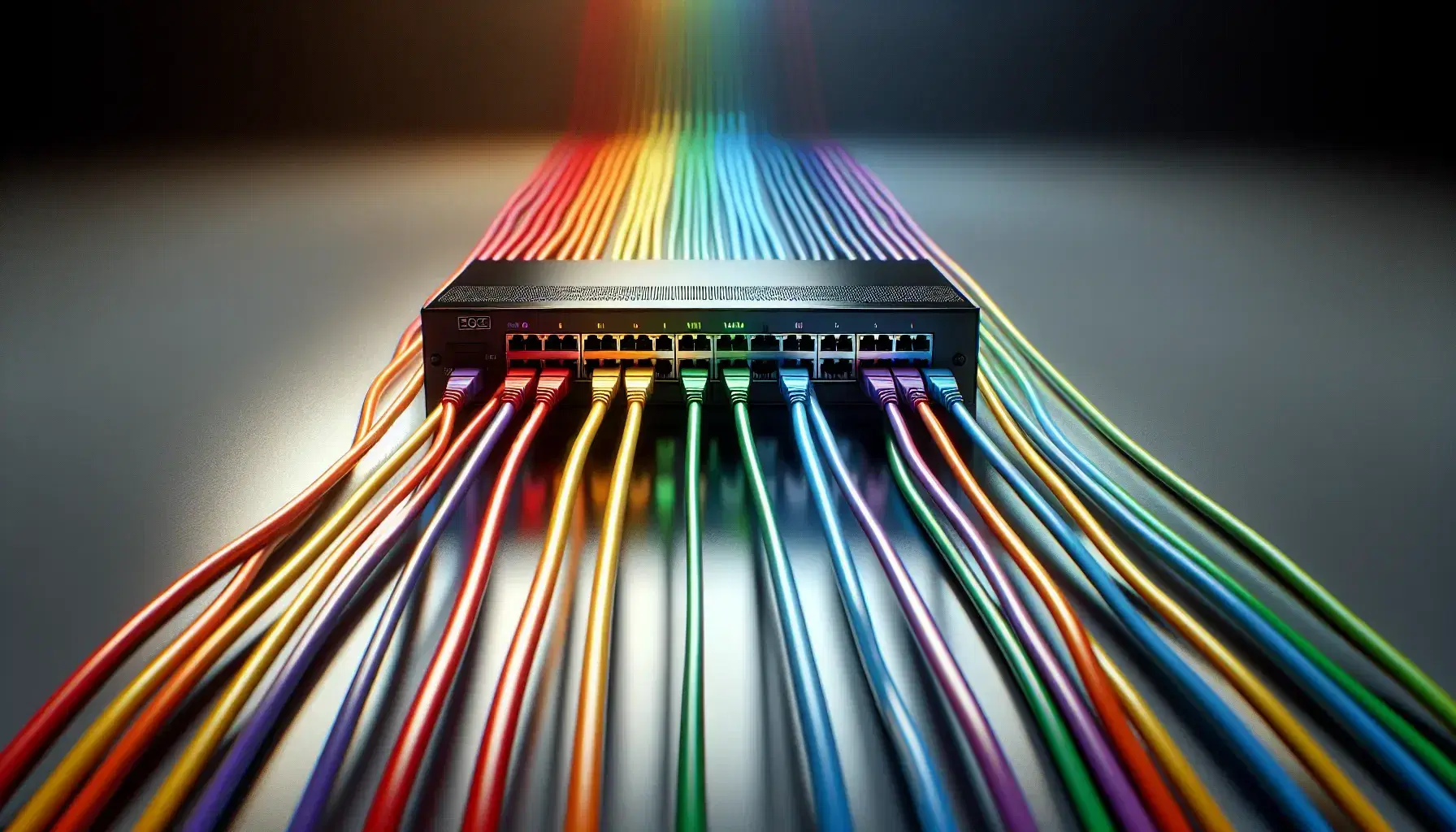 Cavi di rete colorati in ordine arcobaleno collegati a dispositivo nero centrale su sfondo sfocato che enfatizza connettività.