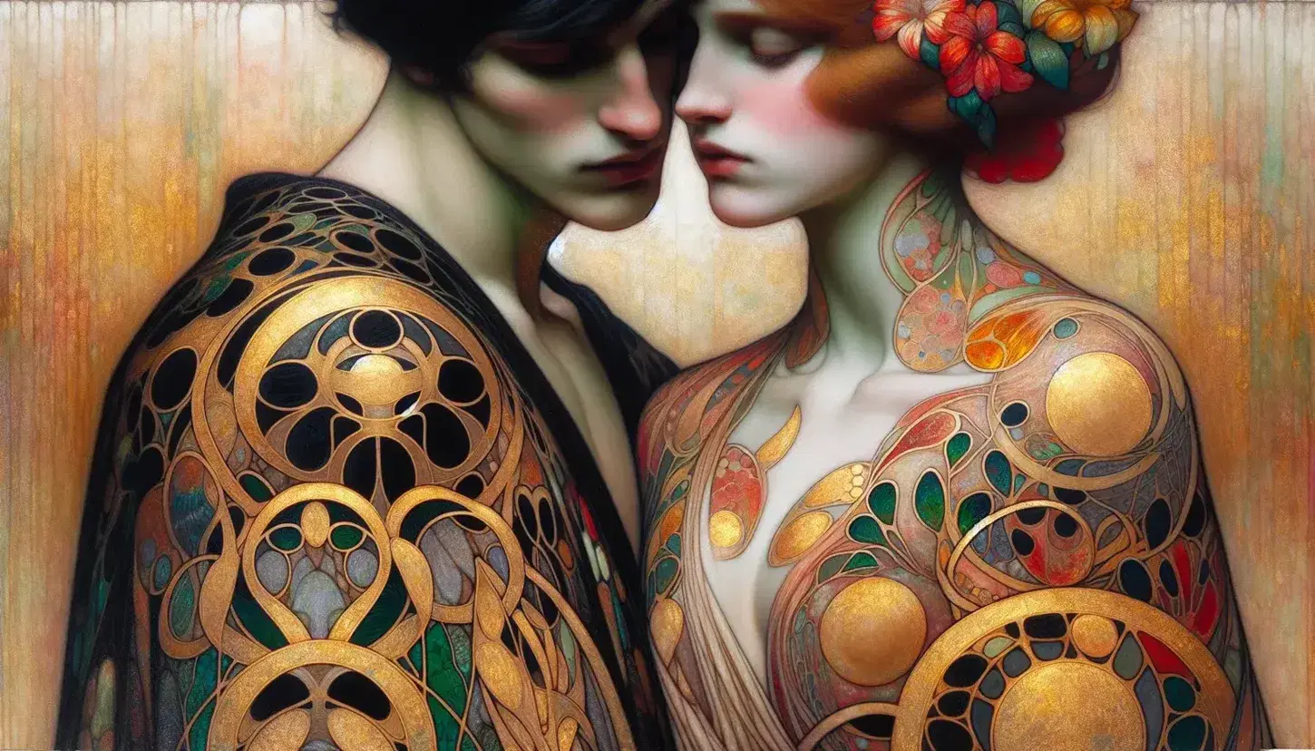 Dettaglio di un dipinto in stile Art Nouveau che ritrae due figure intrecciate, lui con veste geometrica e lei con abito floreale, in un abbraccio artistico.