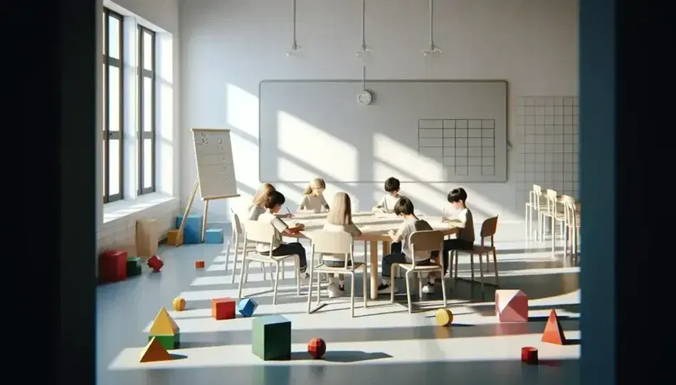 Aula escolar moderna y luminosa con estudiantes resolviendo problemas matemáticos usando bloques geométricos de colores sobre una mesa redonda, junto a una pizarra blanca y ventana grande.