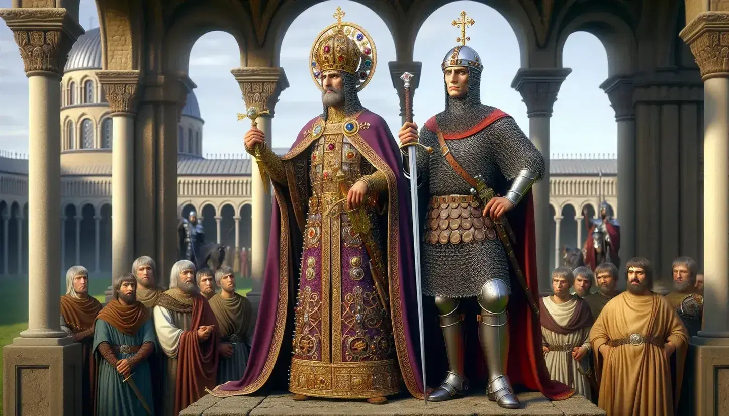 Byzantine emperor in purple robe and jeweled crown next to armored soldier, under blue sky, with Romanesque architecture in the background.