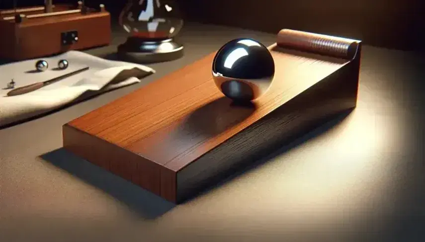 Physical experiment with metal sphere on dark wooden inclined plane and light horizontal surface, laboratory equipment in the background.