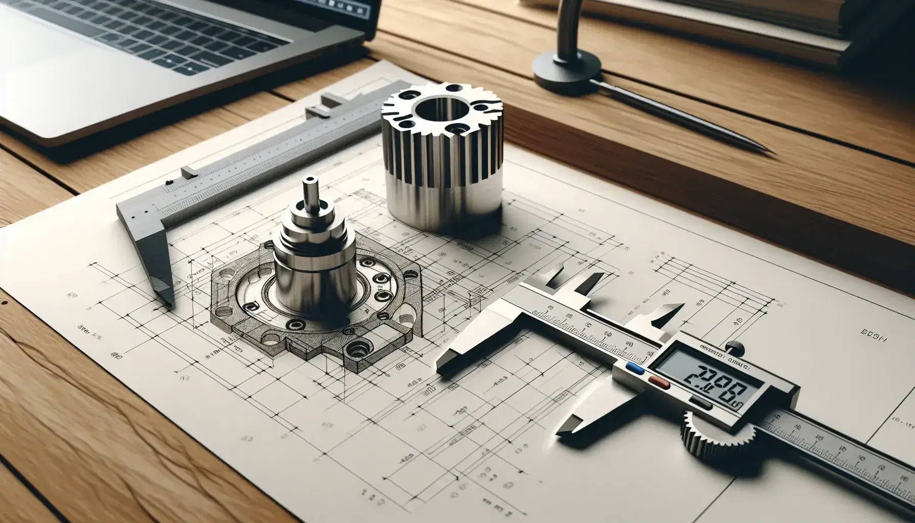 Tavolo da lavoro con disegno tecnico meccanico, calibro vernier e cilindro metallico, sfondo con laptop e software CAD.