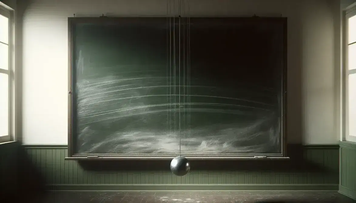 Pizarra escolar verde oscuro con trazos de tiza y un péndulo simple en reposo, reflejando la luz del aula en un fondo claro.