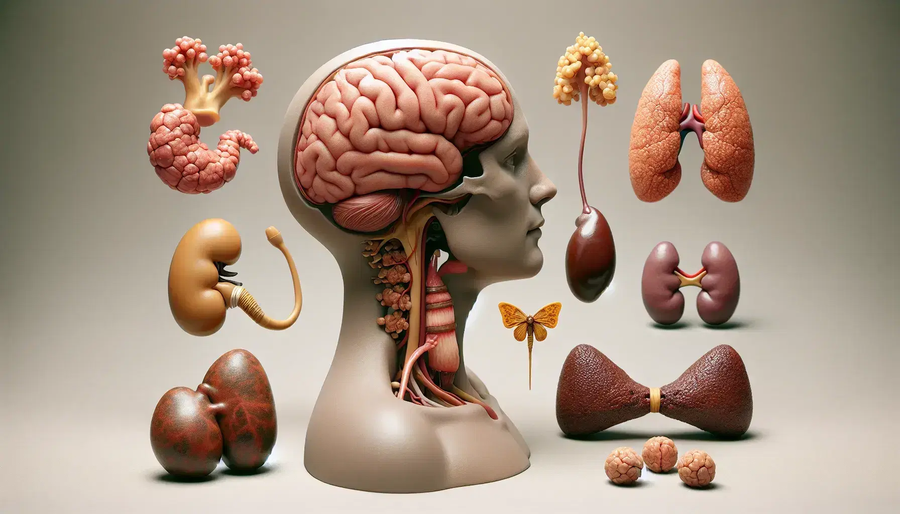 Human endocrine glands with brain and pituitary gland in the center, thyroid and parathyroids on the right, adrenals on the kidneys on the left, pancreas and intestine below.