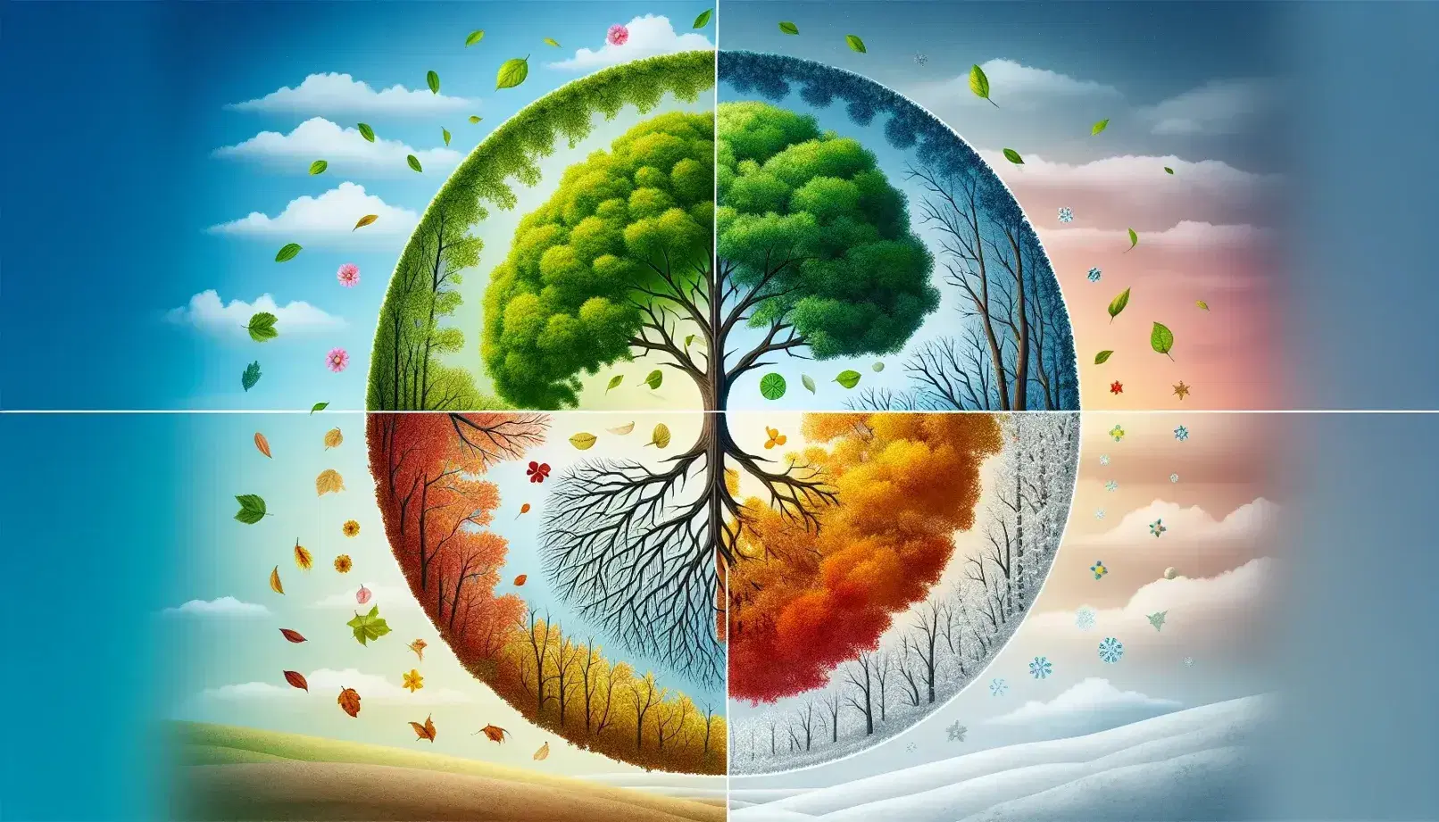 Árbol representando las cuatro estaciones con hojas verdes en primavera, flores en verano, hojas otoñales cayendo y desnudo con nieve en invierno.