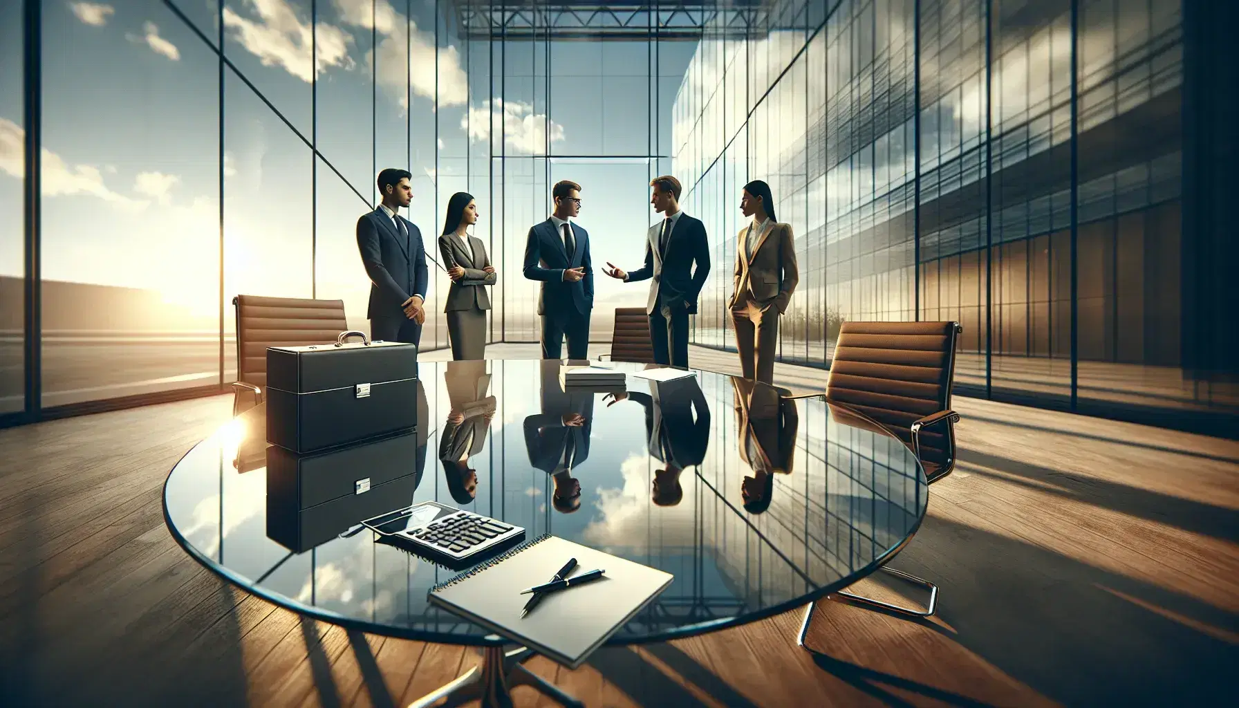 Three business professionals in suits discuss financials around a glass table with calculator, papers, and pens in a modern office with glass walls.