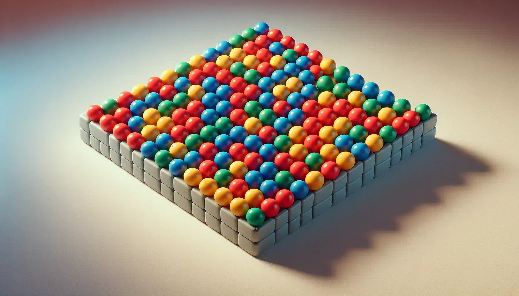 Colorful ball pit balls arranged in a perfect grid pattern with repeating red, blue, green, and yellow colors on a light gray background.