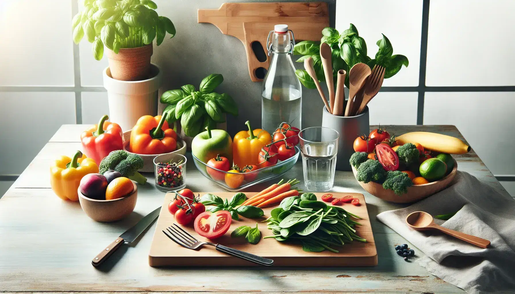 Mesa de madera con alimentos saludables, tabla de cortar con vegetales coloridos, bol de frutas variadas, botella de agua y utensilios de cocina.