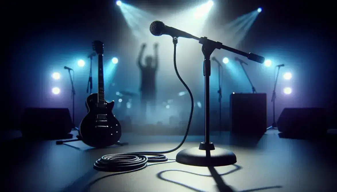 Microfono da palco nero su stativo con sfondo sfocato di luci blu e viola, chitarra elettrica e figura umana in concerto.