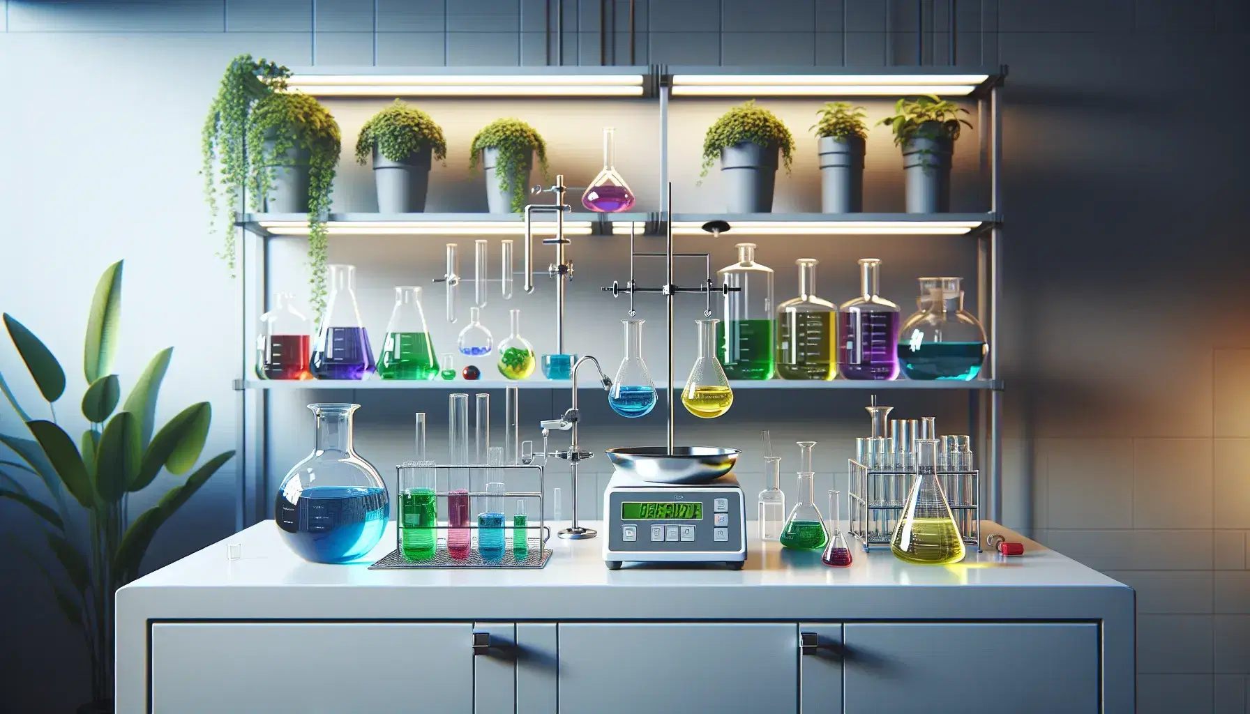 Laboratorio scientifico moderno con tavolo da lavoro, becher colorati, bilancia analitica digitale e scaffali con contenitori di sostanze.