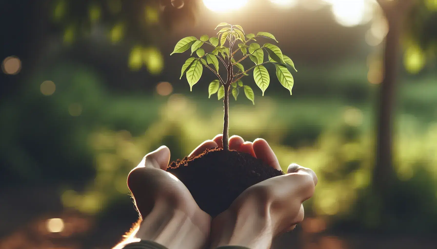 Mano sosteniendo tierra fértil con árbol joven brotando, raíces entrelazadas y hojas verdes resaltadas por la luz del sol en fondo natural desenfocado.