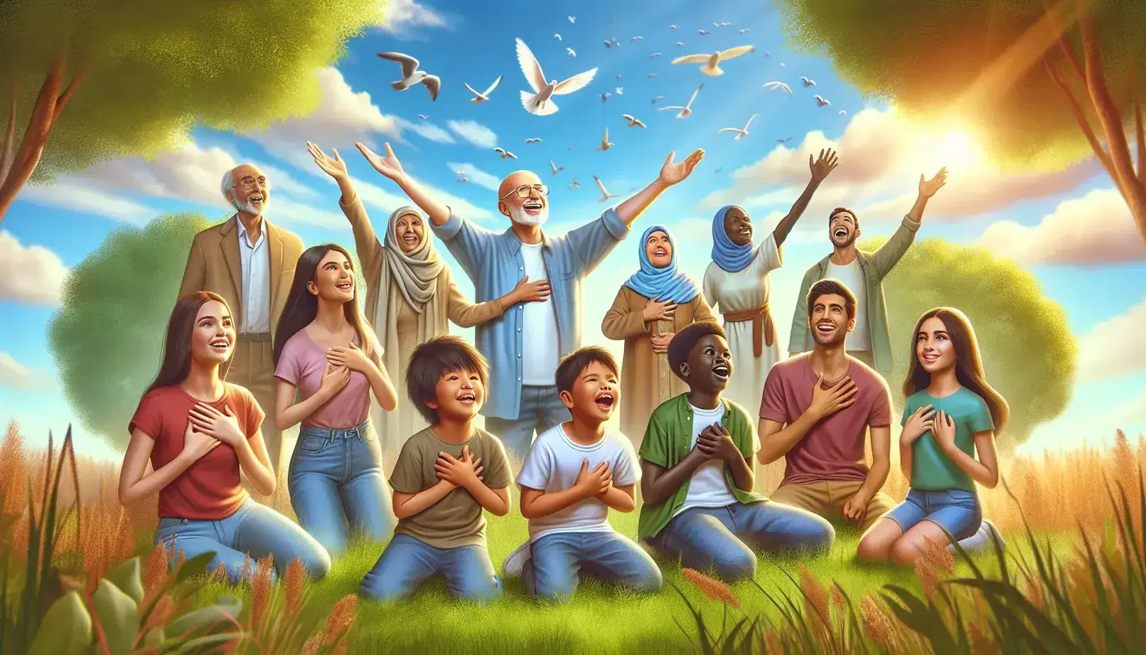 Grupo diverso disfrutando de un día soleado en el parque, niño hispano sonriente con brazos abiertos, hombre mayor admirando el cielo, mujer joven en paz y adolescente victorioso.