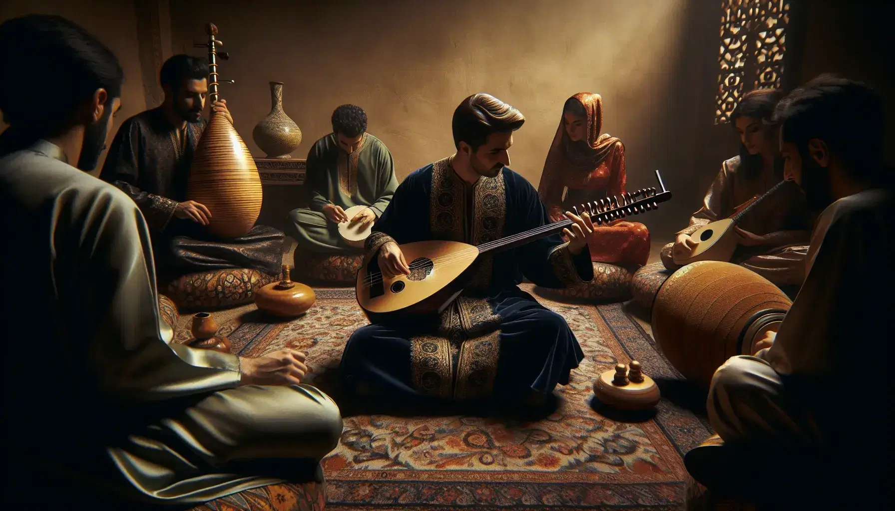 Musicisti in cerchio su tappeto decorato suonano strumenti tradizionali: oud, qanun, nay e darbuka in ambiente intimo.
