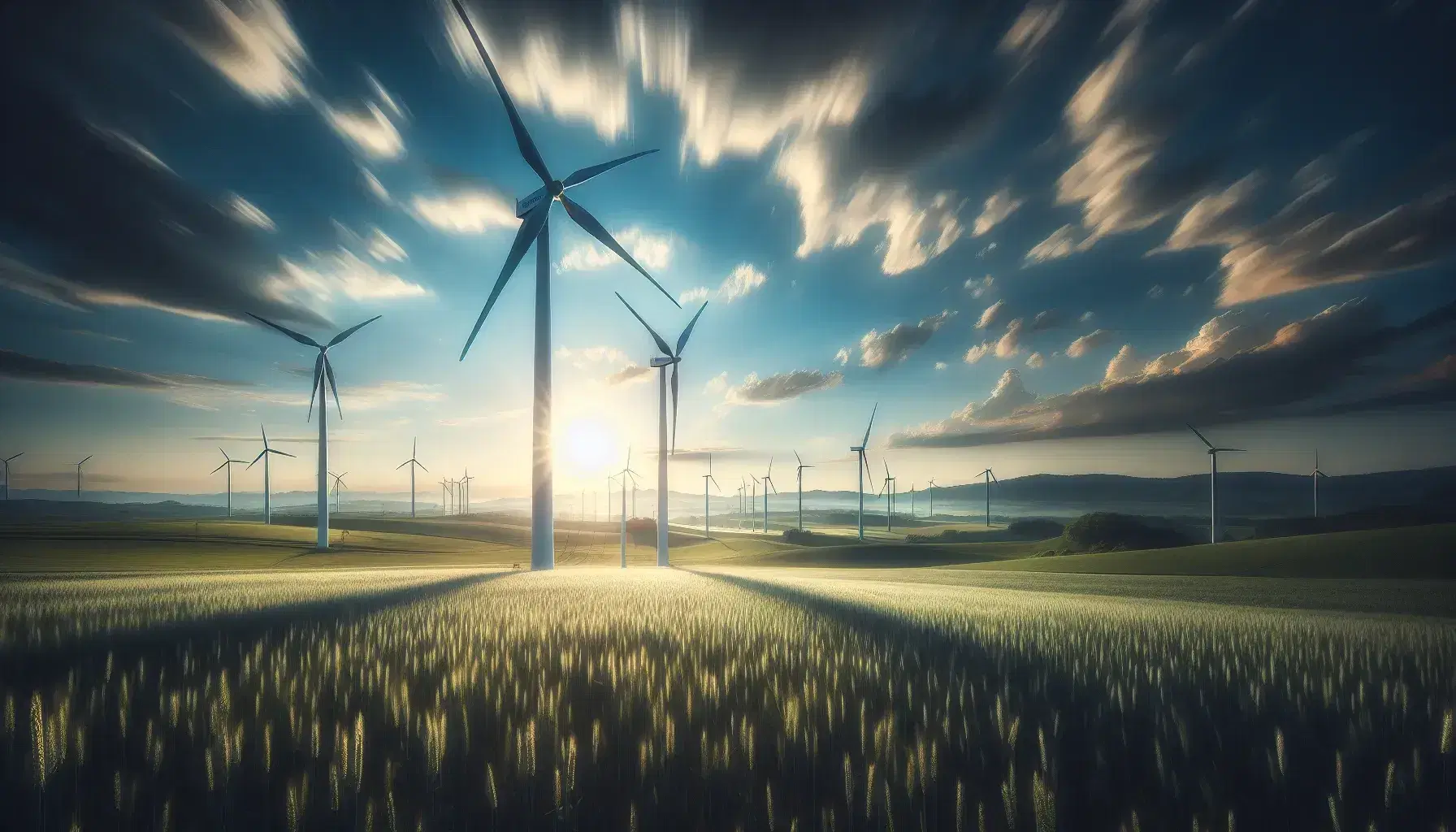 Campo di turbine eoliche su sfondo di cielo azzurro con nuvole sparse, erba verde in primo piano e colline sullo sfondo.