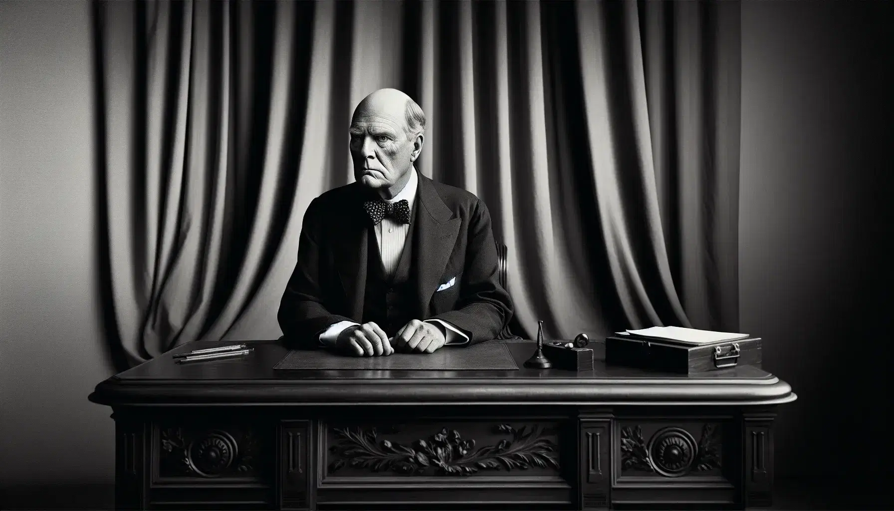 Stern, contemplative politician with balding head and jowly face, dressed in dark suit and dotted bow tie, seated at an empty, ornate desk with a draped curtain backdrop.