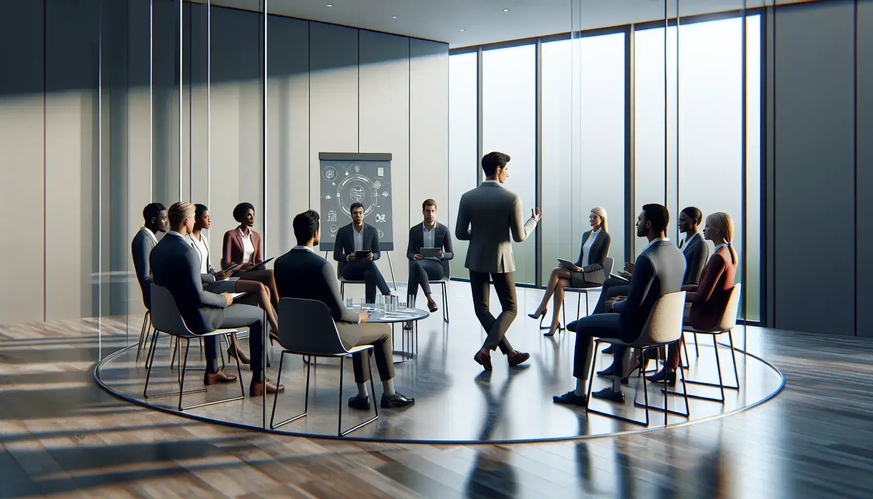 Diverse professionals in business casual attire engaged in a discussion led by a confident speaker in a modern, well-lit conference room.