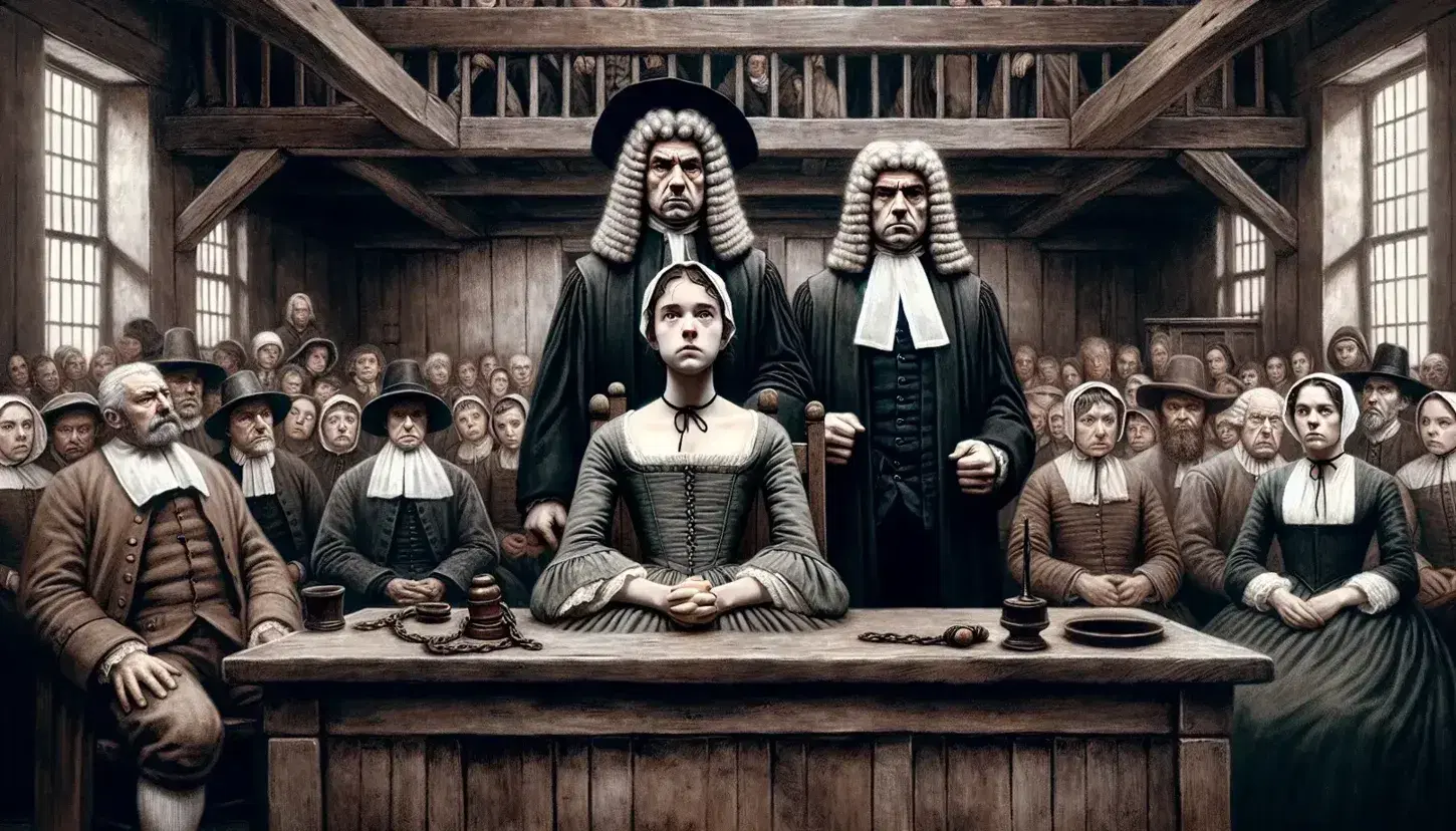 17th-century rustic courtroom scene with stern judge in black coat and white wig, distressed woman with hands tied, and agitated onlookers in muted attire.