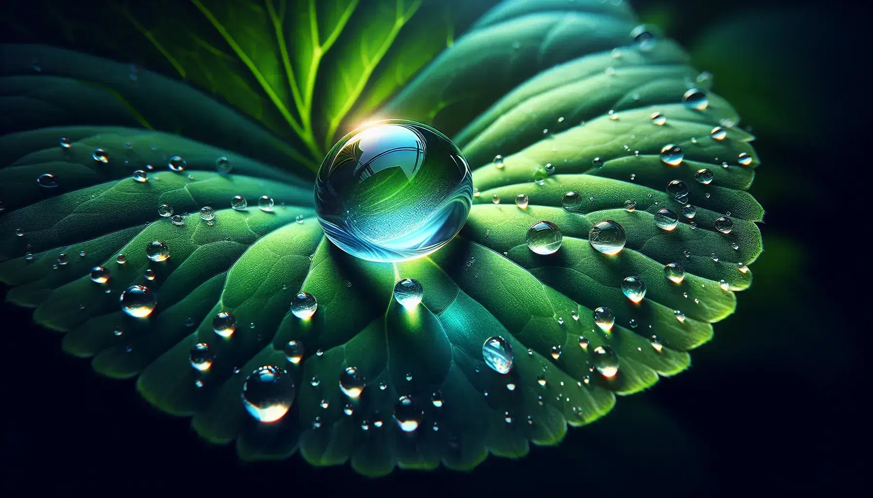 Spherical water drop on green shimmering leaf with colorful reflections, surrounded by small drops and green blurred background.