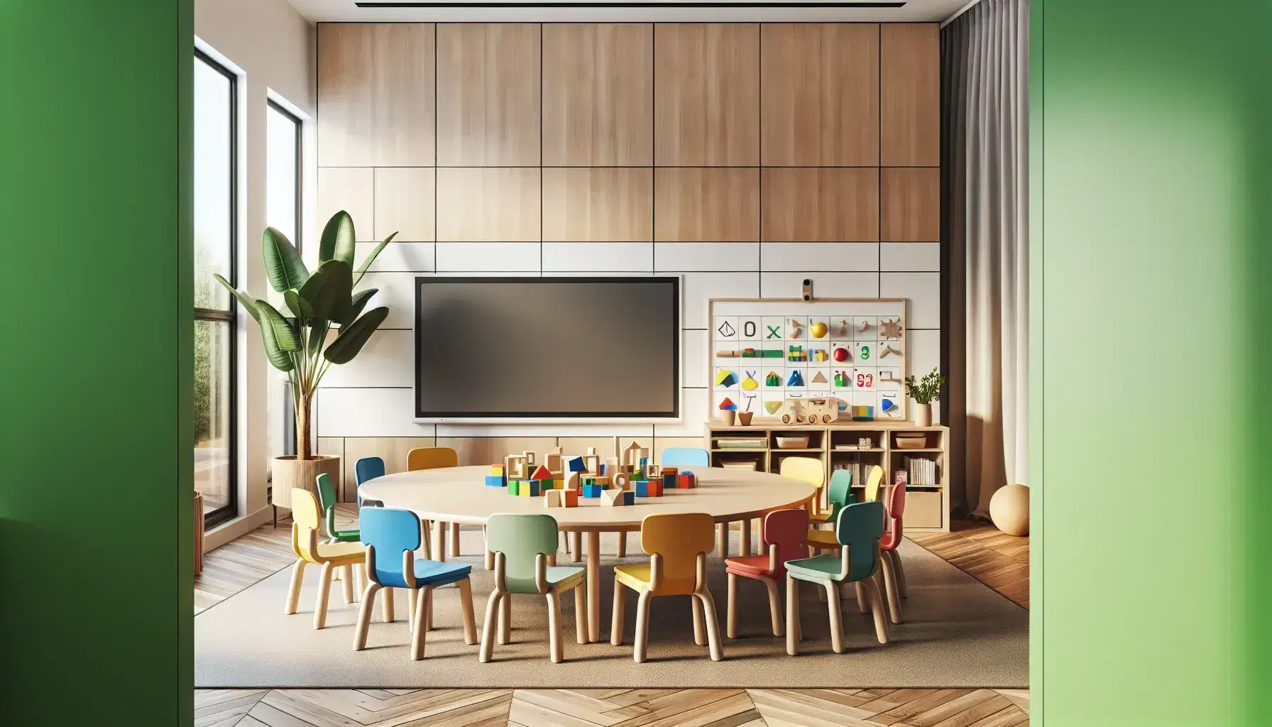 Aula escolar moderna y luminosa con mesa redonda, sillas ergonómicas de colores, bloques geométricos en la mesa, pizarra interactiva apagada y estantería con juegos educativos.