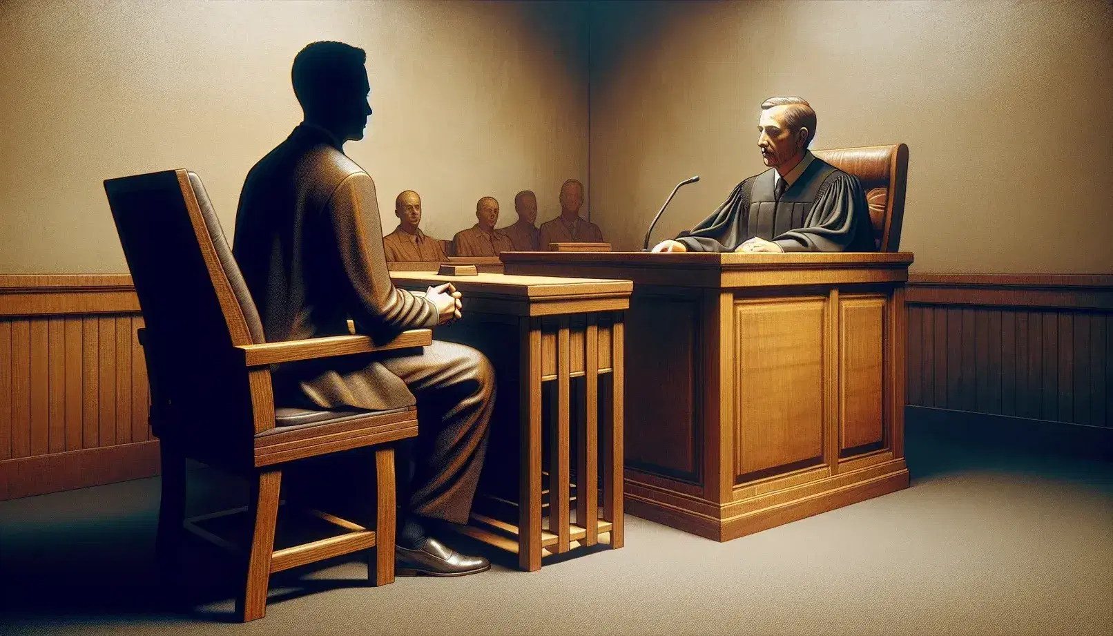 An attentive judge in a black robe behind a wooden bench talks to a calm defendant at the podium in a courtroom with neutral tones and soft lighting.