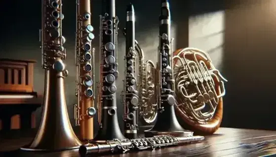 Strumenti a fiato su tavolo scuro: flauto argenteo, oboe marrone lucido, clarinetto nero e fagotto marrone curvo.